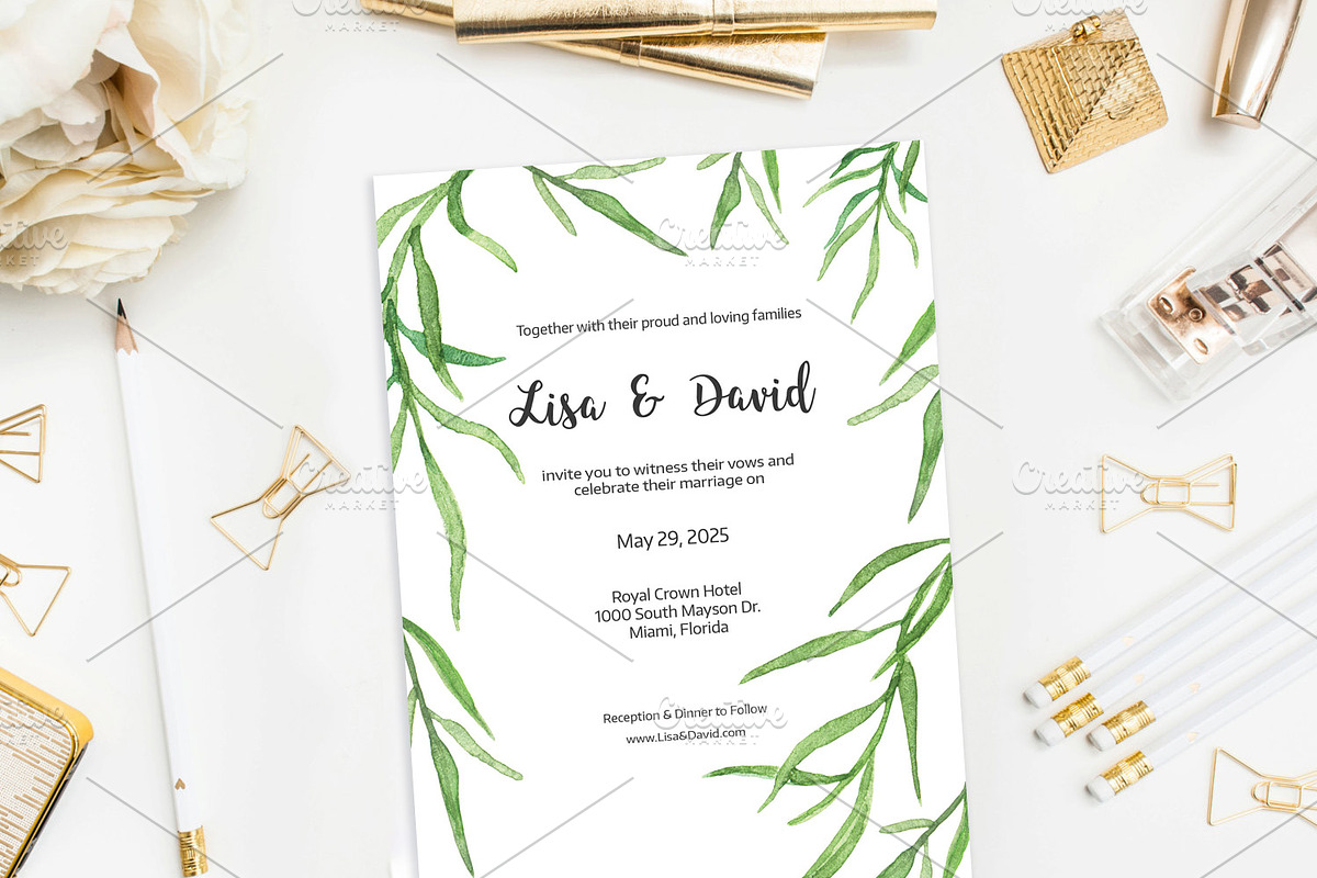 Leafy Watercolor Wedding Invitation, an Invitation Template by Love Design (Photo 3 of 7)