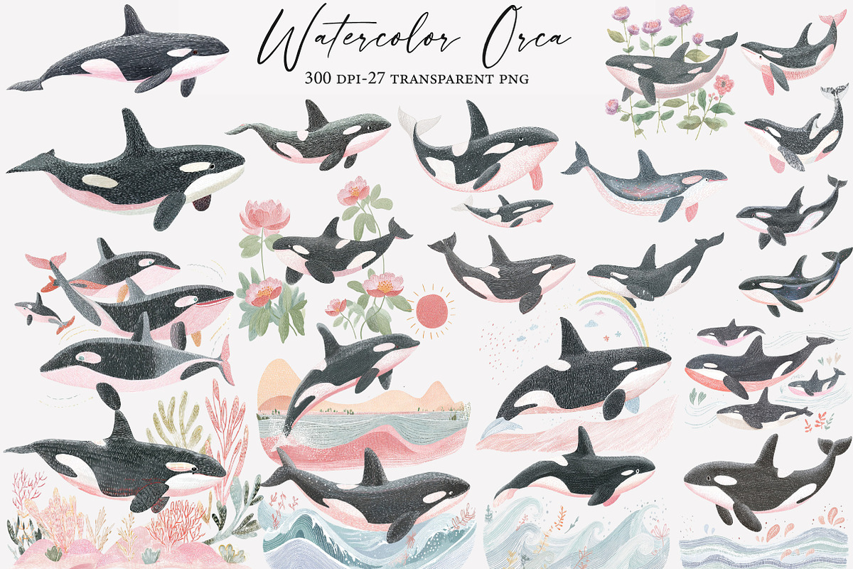 Watercolor Orca Clipart, an Illustration by Designworld (Photo 1 of 5)