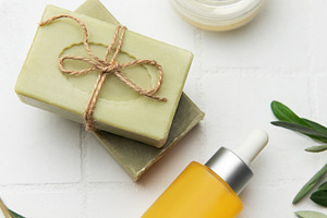Natural olive oil cosmetic products promoting healthy lifestyle, a Health & Medical Photo by Olena Rudo
