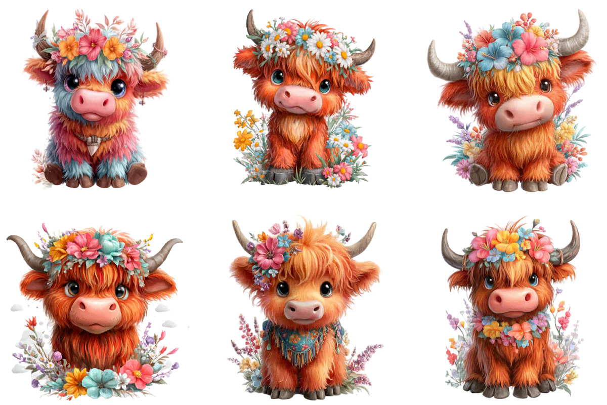 Watercolor Spring Highland Cow Clipa, an Illustration by CraftArtStudio (Photo 6 of 6)