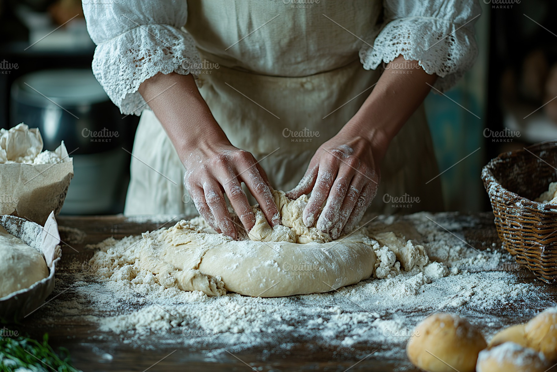 Hands of a baker kneading dough on a wooden surface in a rustic kitchen, a Food & Drink Photo by AlyaAnd