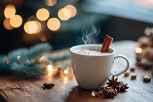 Cozy holiday coffee with spices and decorations, a Food & Drink Photo by AlyaAnd