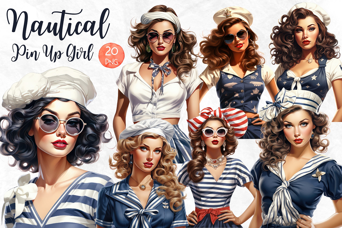 Nautical Pin Up Girl Watercolor PNG, a Person Illustration by Maysa Art