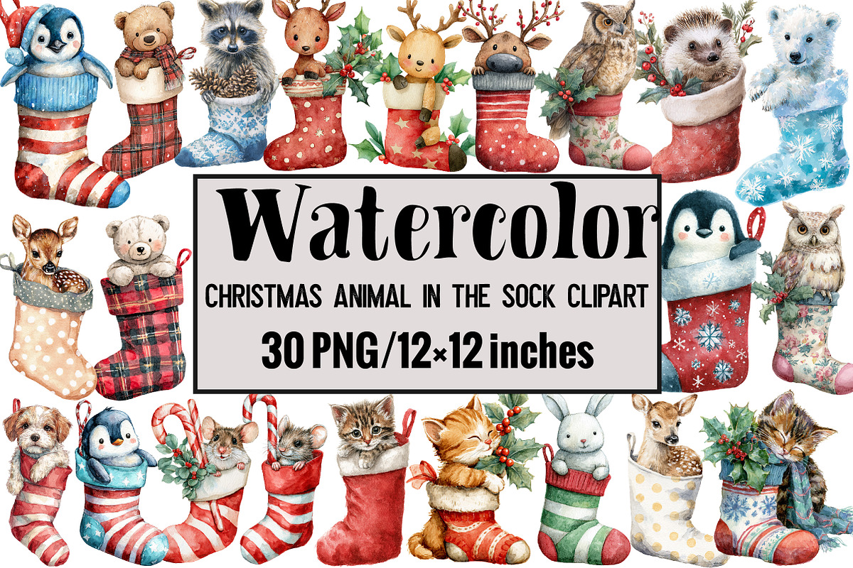 Christmas Animal in the Sock Clipart, an Illustration by Design Market (Photo 1 of 3)