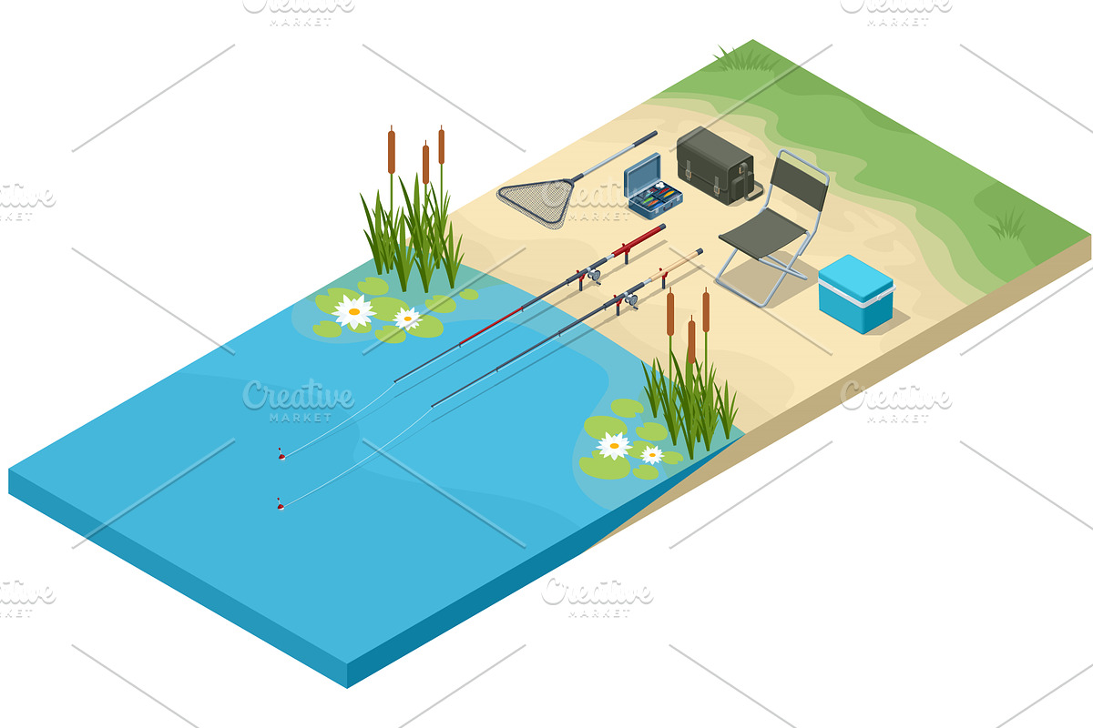Isometric fishing by the lake, an Illustration by Golden Sikorka