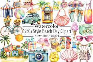 1950s Style Beach Day Clipart, an Illustration by Libby Wishes