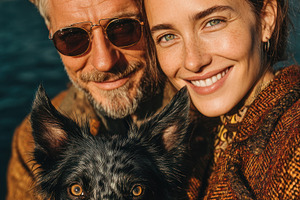 Smiling Couple with Black Dog Taking Selfie by Waterfront at Gol, a Person Photo by José Manuel Gelpi