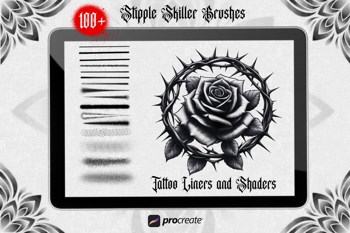 100+ Stipple Tattoo Brush Pack, a Brush Add-On by Torus1 (Photo 1 of 9)