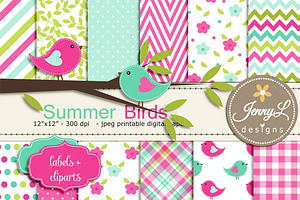 Summer Birds Digital Paper Clipart, a Pattern Graphic by JennyL Designs
