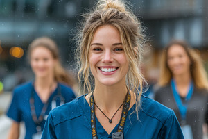 Happy female medical professional with colleagues in an outdoor healthcare sett, a Health & Medical Photo by AS photostudio