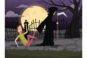Grim reaper chasing scared man