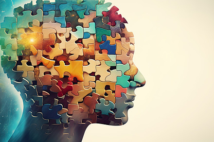 Image of a human head made up of puzzle pieces with vivid colors. Generative AI, a Background Photo by José Manuel Gelpi