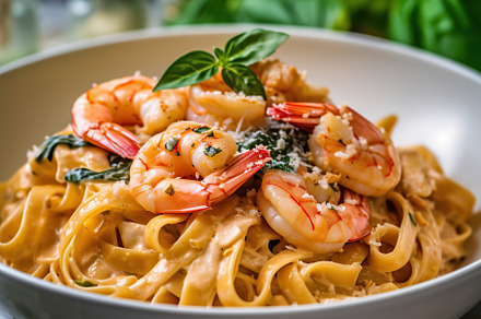 Italian pasta with creamy sauce and shrimp on plate. Generative aI, a Photo by AlyaAnd