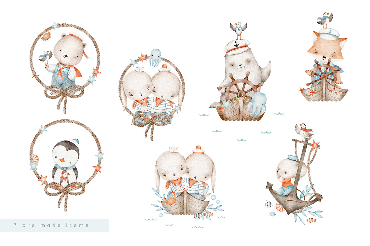 LITTLE SAILOR watercolor set, an Animal Illustration by erasovas (Photo 7 of 12)