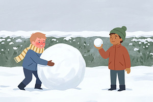Boys Playing in Winter Snow, a Decorative Illustration by Virgo Studio