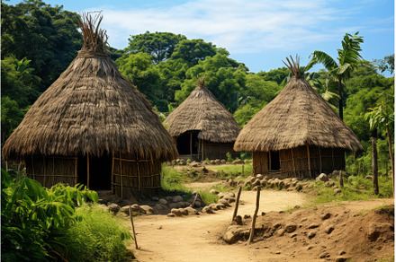 Traditional thatched huts in lush, an Architecture Photo by Ylivdesign