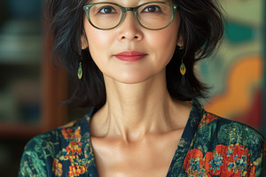 Japanologist. A portrait of a woman with short, wavy black hair wearing glasses, a Person Photo by Textures & Backgrounds