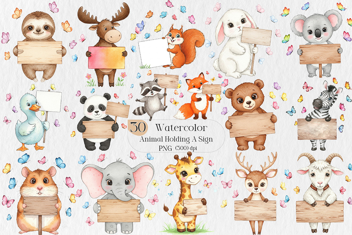 Watercolor Animal Holding A Sign Png, an Illustration by Creative Art (Photo 1 of 10)