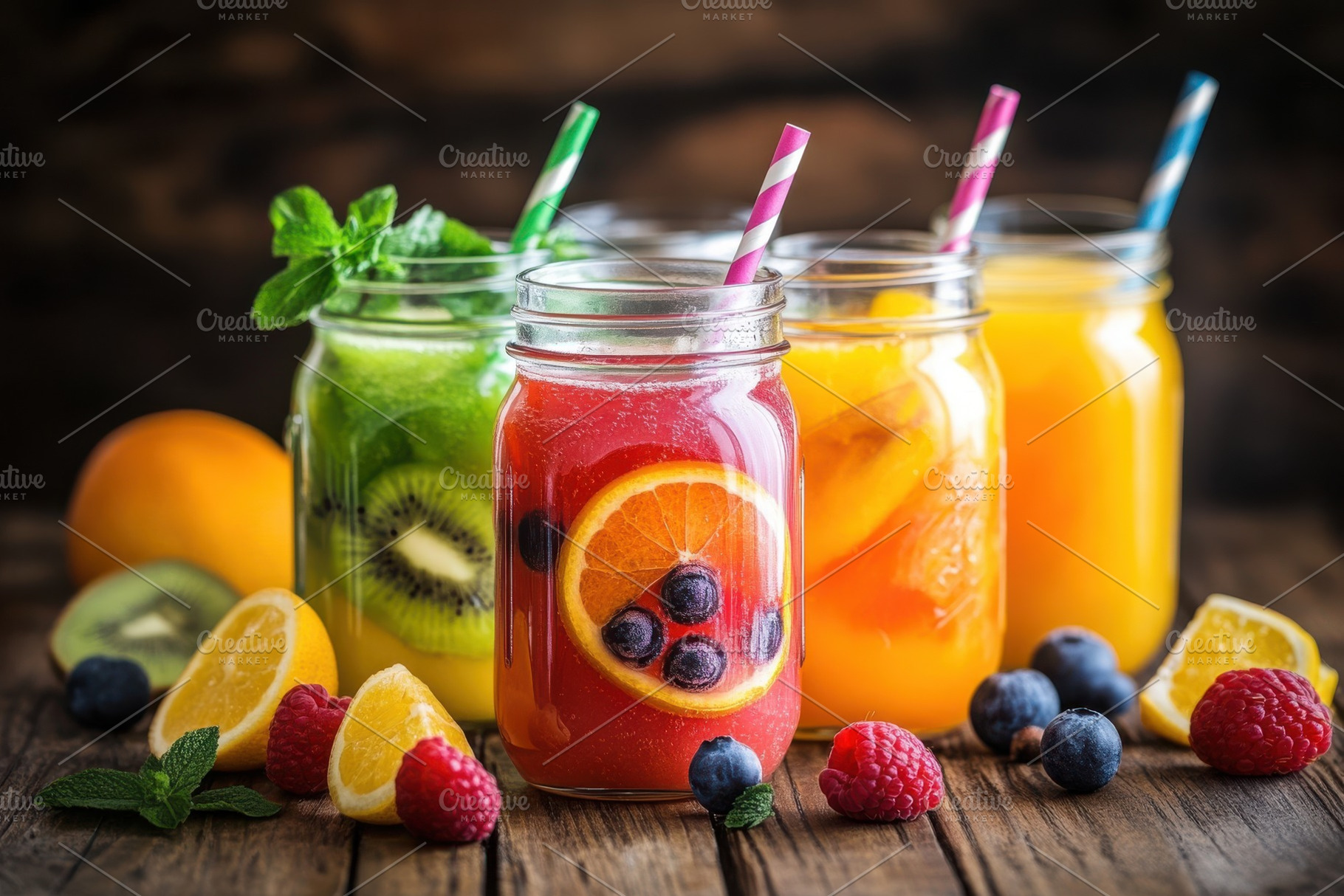 Refreshing fruit smoothies in mason, a Food & Drink Photo by Pixeness Studio