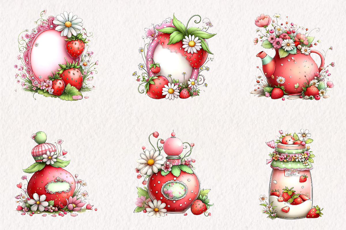 Whimsical Spring Strawberry Clipart, an Illustration by CreationArt (Photo 2 of 10)