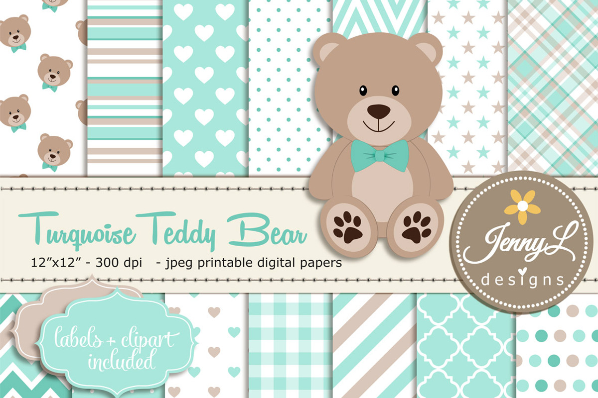 Turquoise Teddy Bear Digital Paper, a Pattern Graphic by JennyL Designs (Photo 1 of 4)