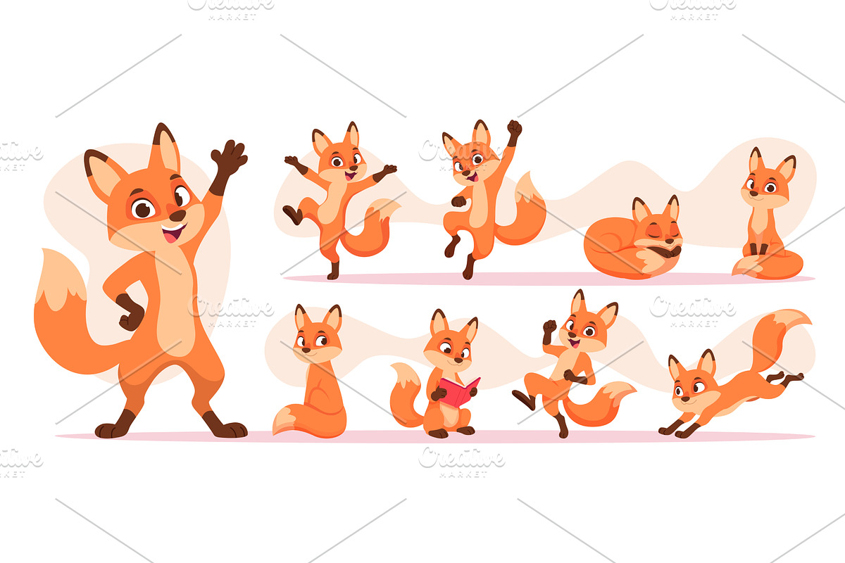 Fox. Cartoon fox in different action, an Animal Illustration by Onyx