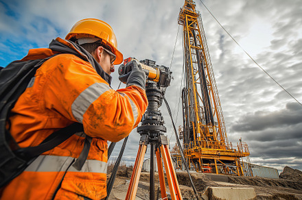 A construction well testing operator worker in an orange safety jacket and hard, a Person Photo by Textures & Backgrounds