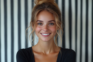 Young woman smiling widely against a, a Photo by Tanuart