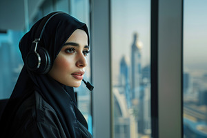 Portrait of young arabian girl receptionist in hijab and headset working in a c, a Photo by AlyaAnd