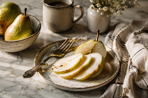Fresh pears and coffee in a kitchen, a Photo by Beautiful things