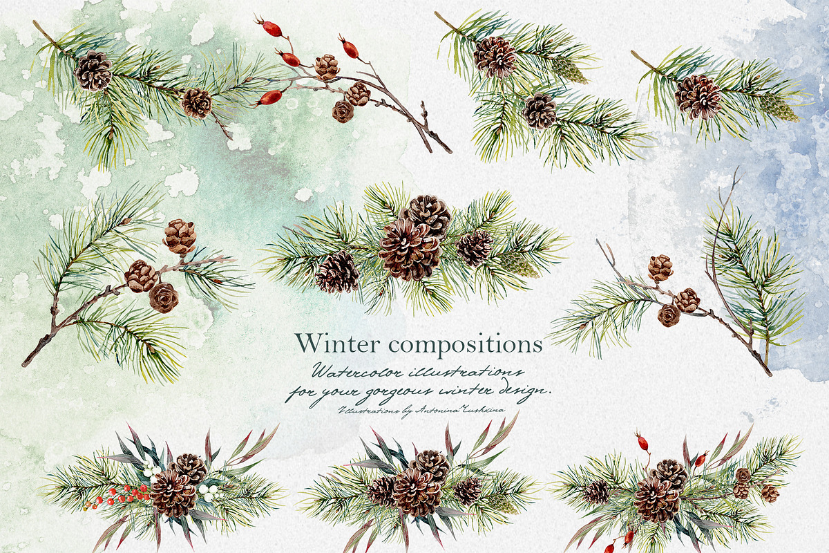 Watercolor collection Green Winter, a Decorative Illustration by RushkinaAntonina (Photo 6 of 8)