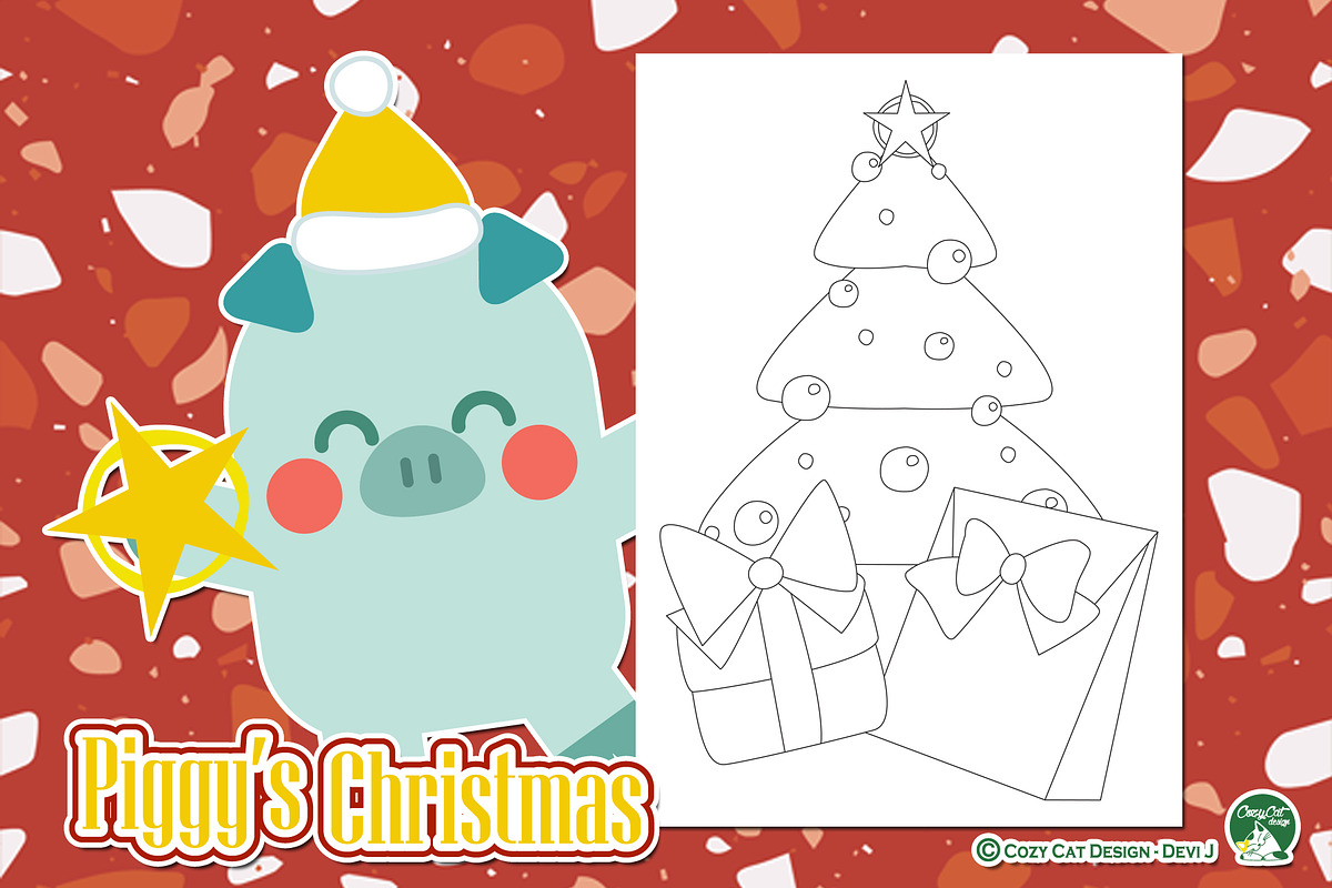 Piggy Christmas Coloring Pages, an Education Illustration by Cozy Cat Design (Photo 3 of 7)