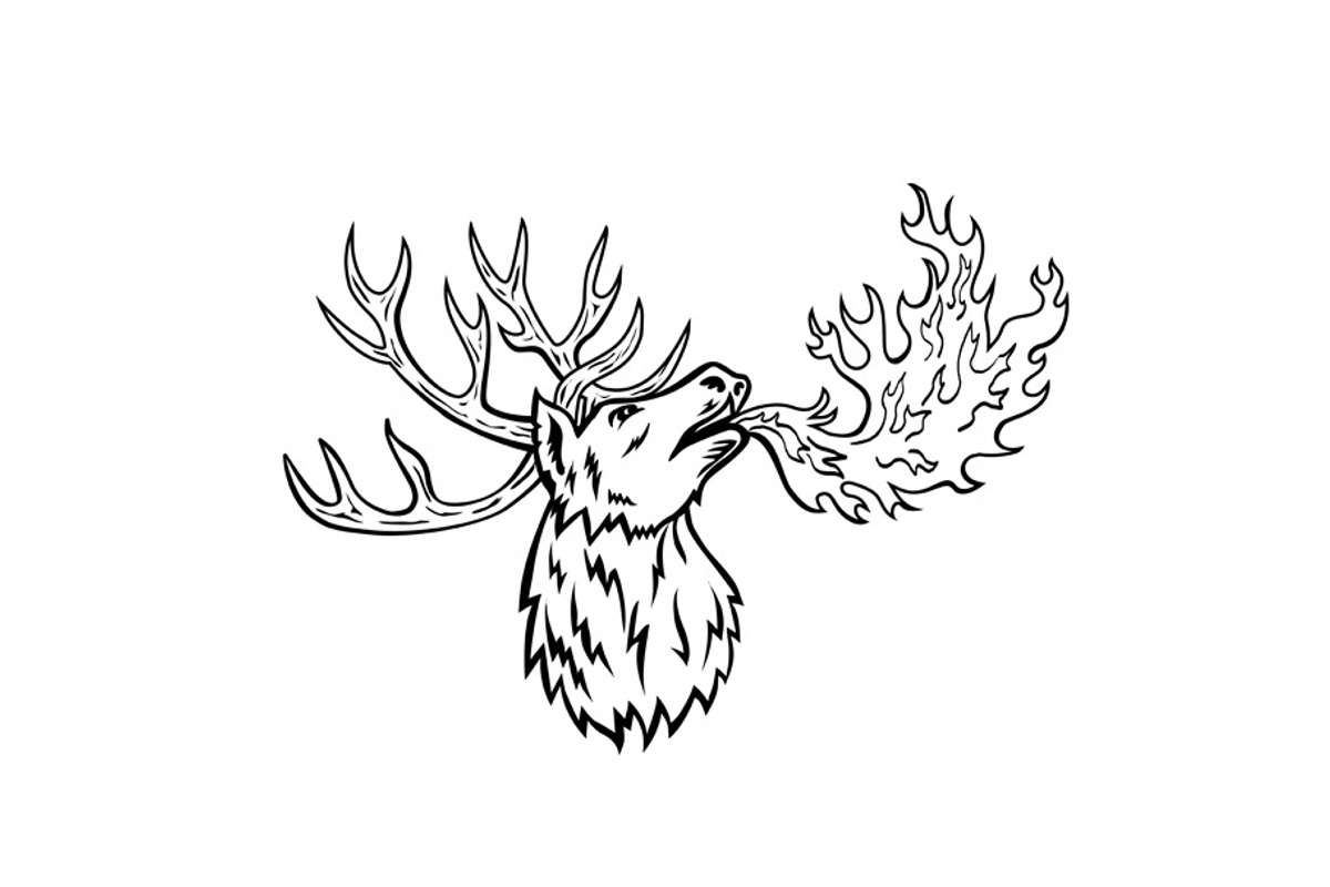 Red Deer Stag Breathing Fire Retro, an Illustration by patrimonio