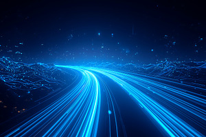A glowing blue neon light trail curv, an Abstract Photo by Artonix