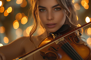 A young Caucasian woman with elegant features playing a violin amidst a backdro, a Person Photo by ImageMir