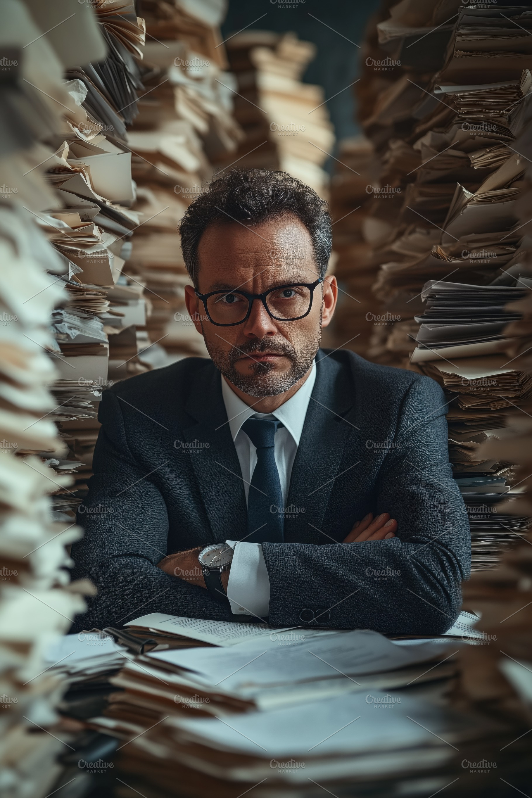 A serious document specialist businessman in a suit and glasses sits with arms, a Person Photo by Textures & Backgrounds