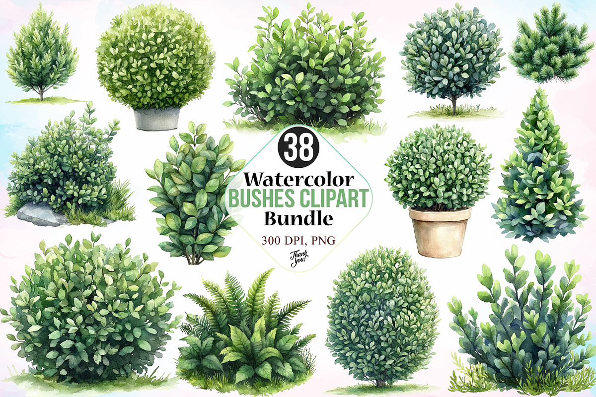 Watercolor Bushes Clipart Bundle, an Illustration by Canvas Craft (Photo 1 of 5)