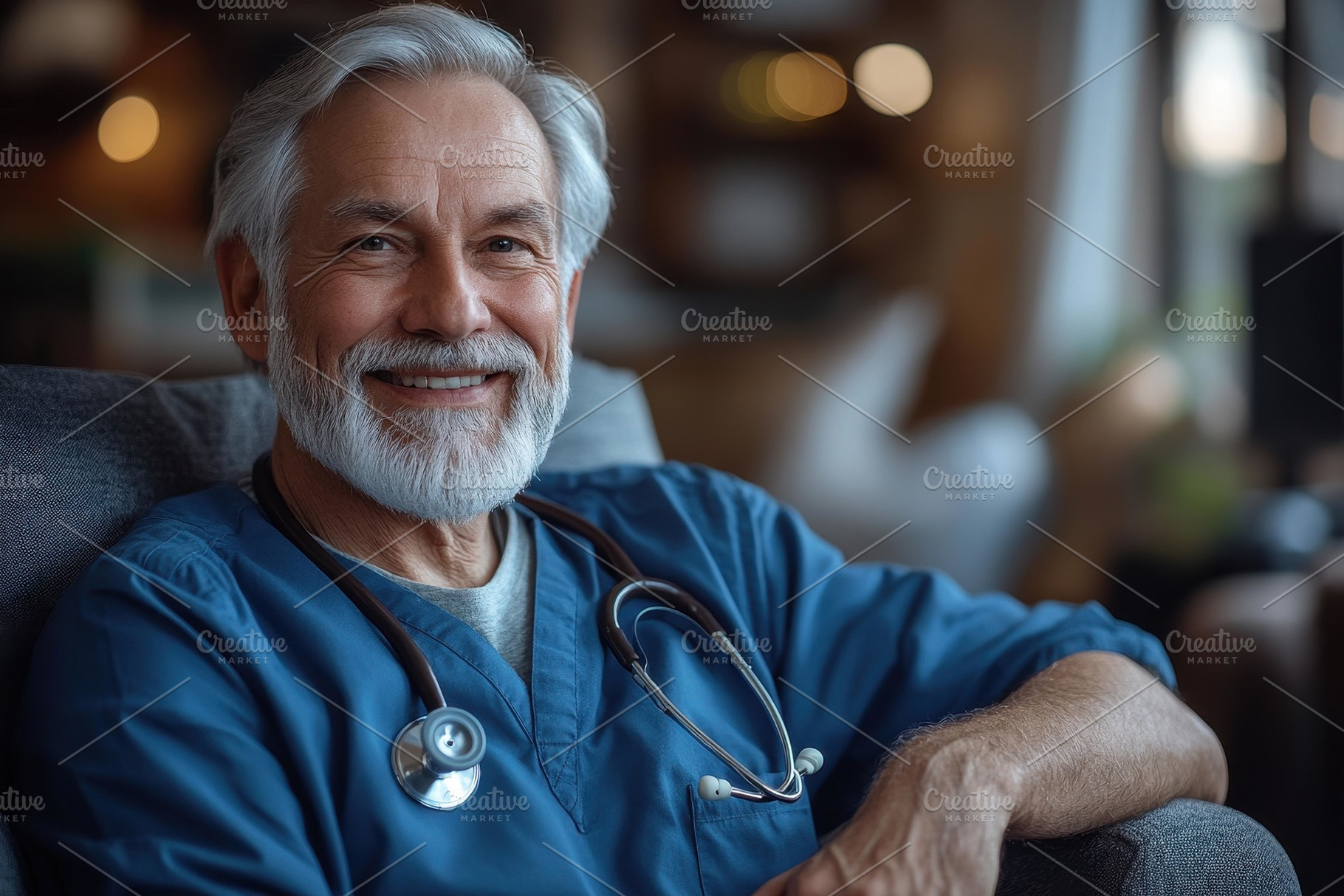 Experienced doctor relaxes at home w, a Photo by Tanuart