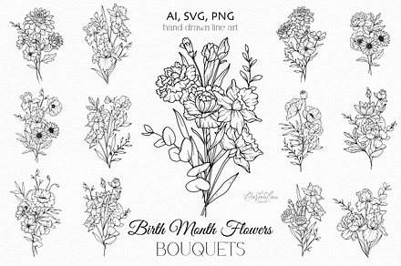 Birth Month Flower Bouquets, an Object Graphic by CaraulanStore