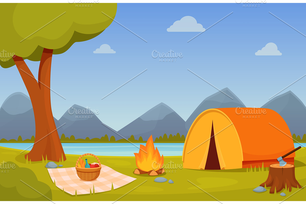 Summer camping scene. Forest camp, a Sport Illustration by Valerie Bodnar