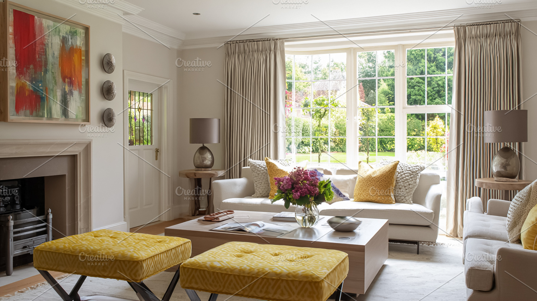 Elegant living room with cozy sofas, yellow ottomans, and firepl, a Photo by Studio ANNA