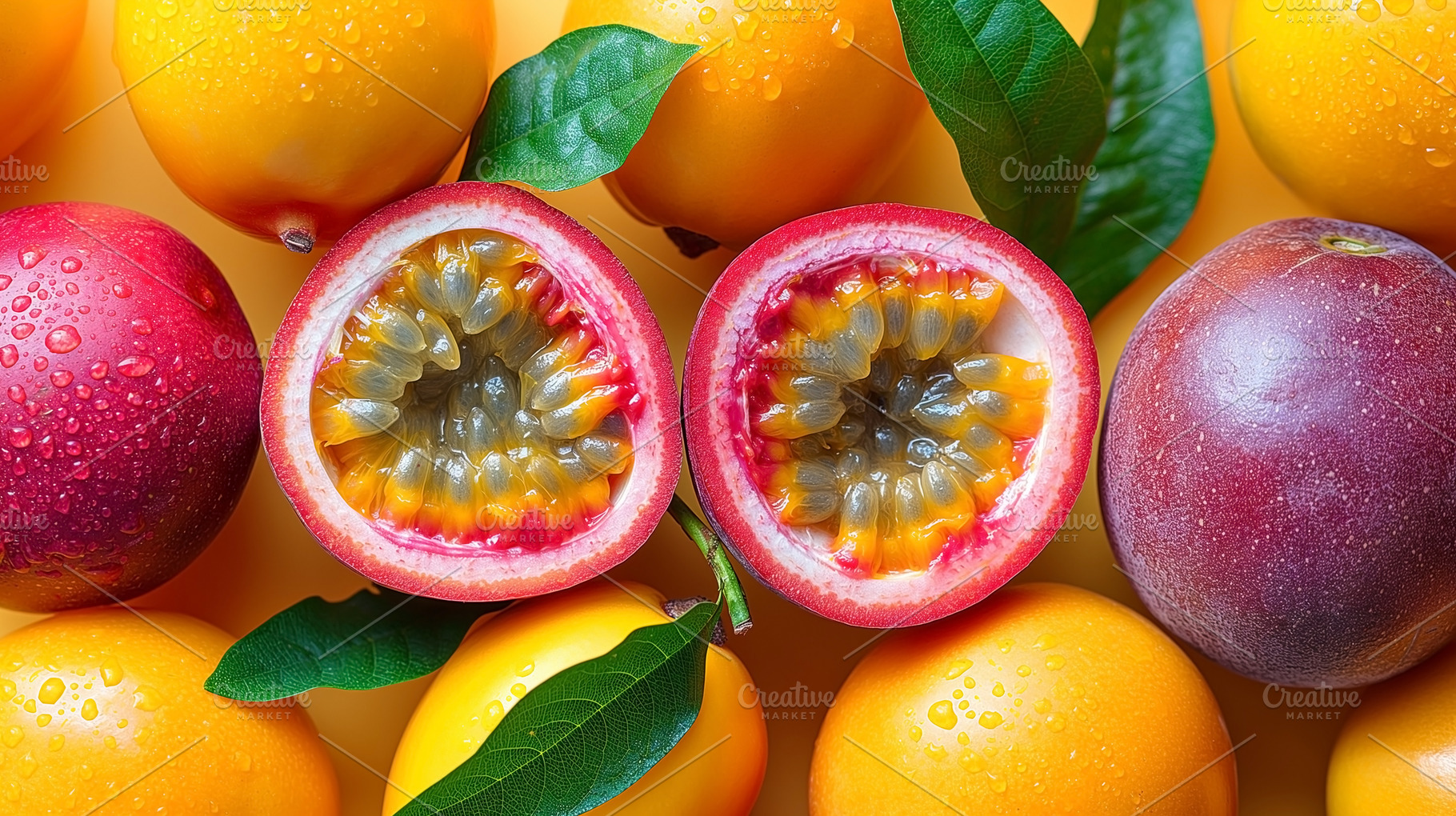 Vibrant display of fresh fruits including sliced passionfruit, r, a Food & Drink Photo by ImageMir