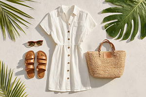 Summer outfit flat lay featuring light cotton dress, sandals, sunglasses, and t, a Beauty & Fashion Photo by AlyaAnd