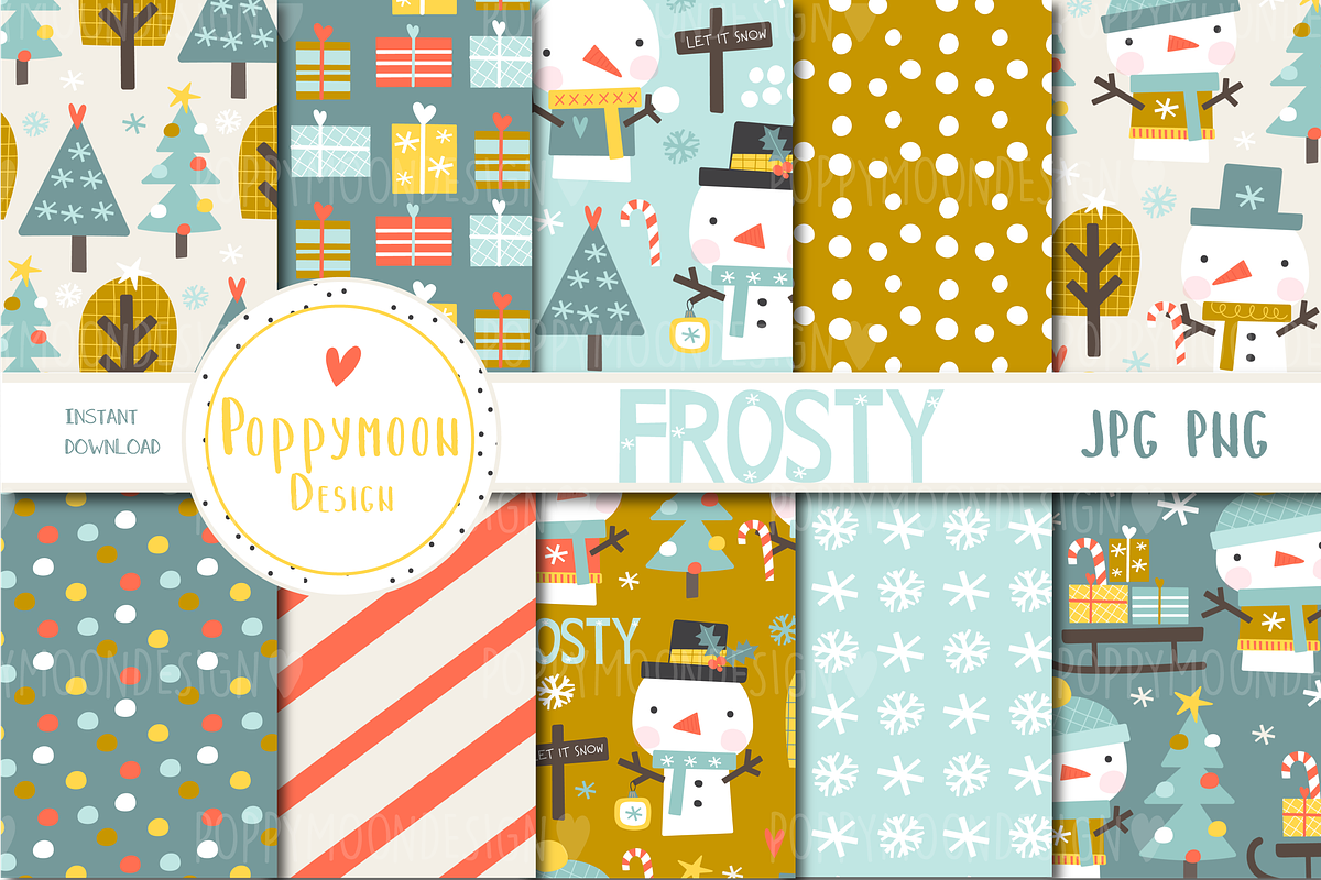 Frosty, snowmen clipart & paper set, a Seasonal Illustration by Poppymoondesign (Photo 4 of 6)
