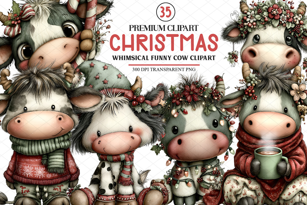 Christmas Funny Cow Clipart, an Illustration by cherrydesign (Photo 1 of 4)
