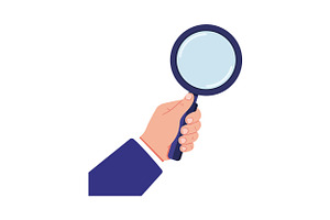 Hand holding a magnifying glass in a, an Illustration by designvectx