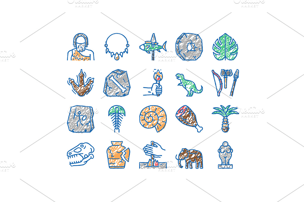Prehistoric Period set Icons hand, an Object Illustration by pikepicture