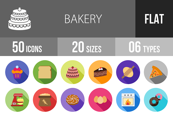 50 Bakery Flat Shadowed Icons preview 4