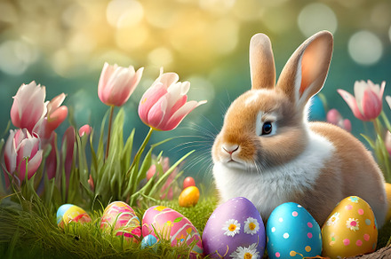 Happy Easter background. Rabbit, bunny, colorful Easter eggs, pink tulip flower, a Holiday Photo by Lenor4ik