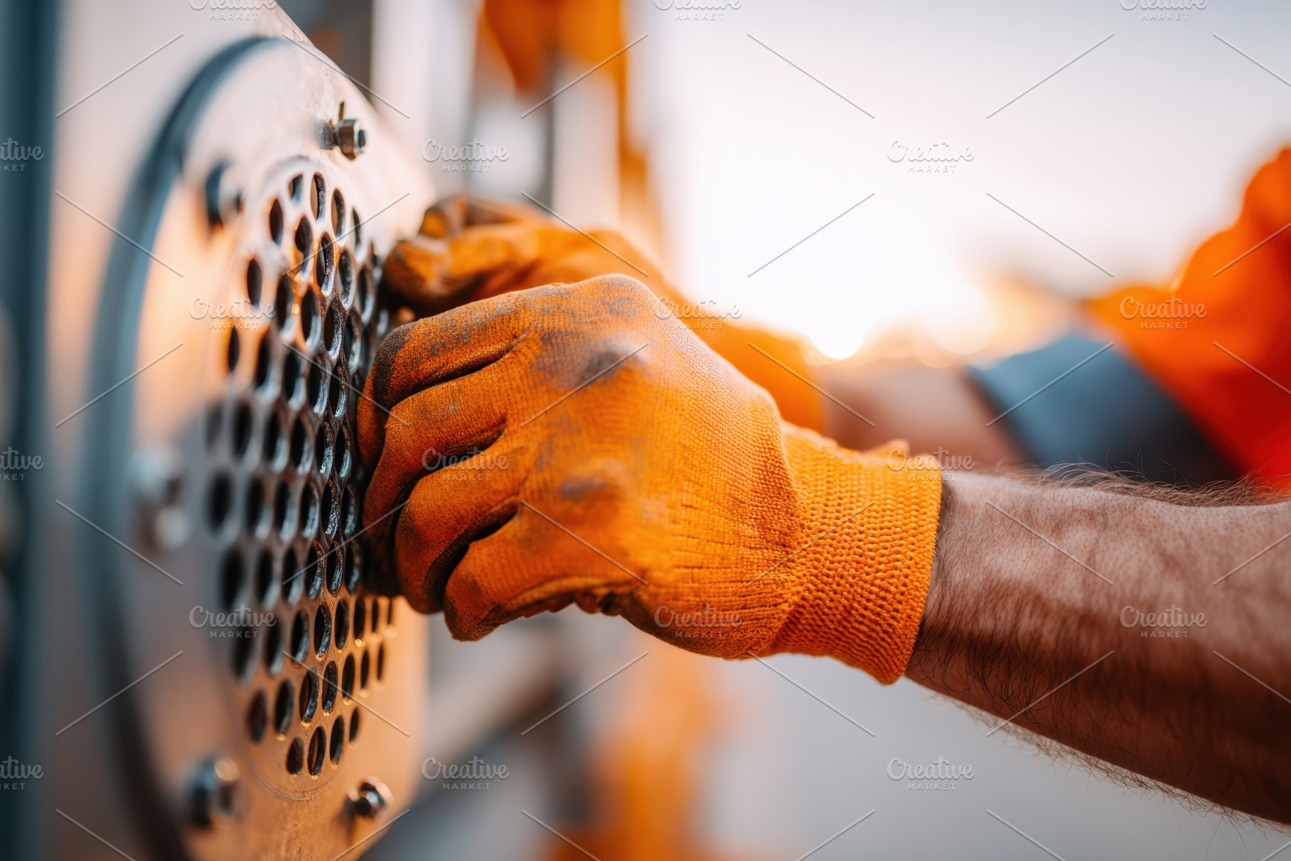 Worker adjusting metal panel at sunset, an Industrial Photo by AlyaAnd